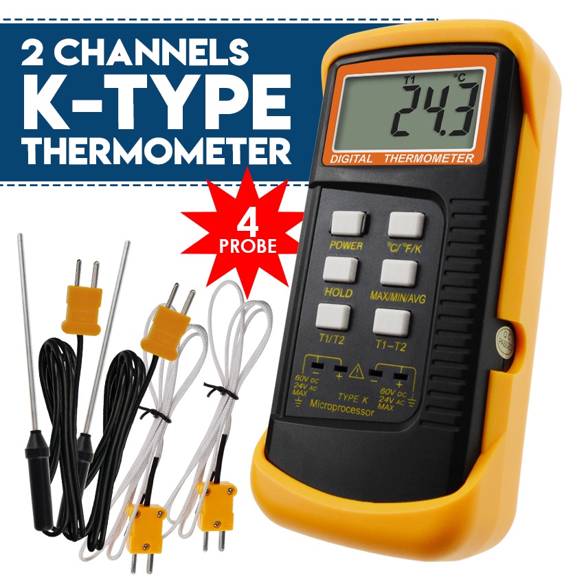 Thermocouple Thermometer Digital K Type Thermometer With 4 Thermocouples,  -328~2500 Measuring Range Hvac Thermometer Dual Channels Temperature