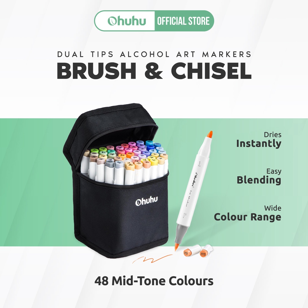 Ohuhu Brush Markers Alcohol, 48 - Chisel-Brush Dual Tip Art Set