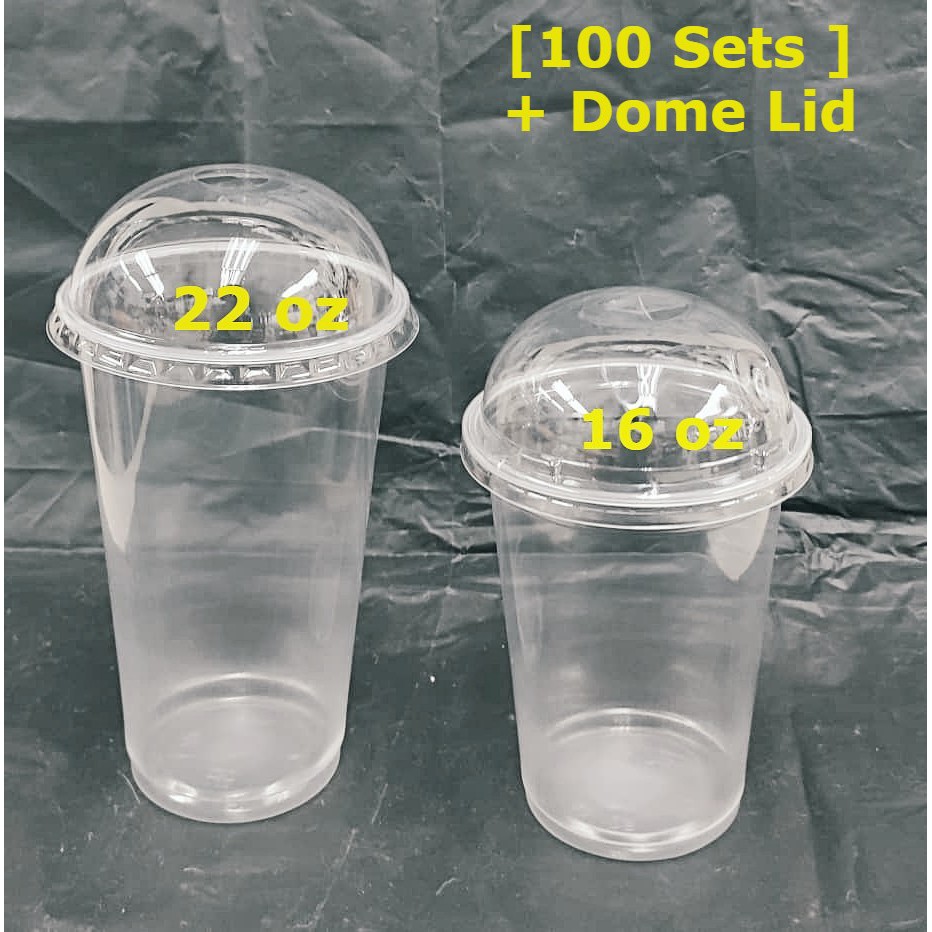 100 Pack] 32 oz Clear Plastic Cups with Flat Lids, Disposable Iced