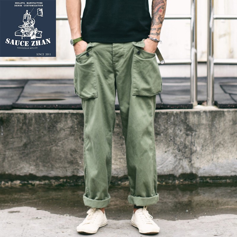 RAY KWOK Vintage P-44 Military Trousers Men's Workwear Pants Army Green  Relaxed Fit Amekaji HBT USMC p-44 Herringbone Trousers - AliExpress