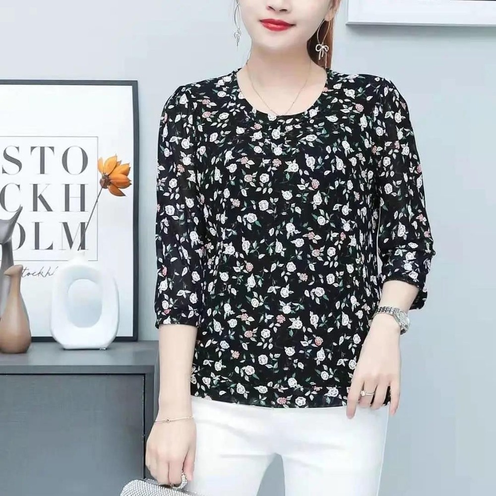 Floral Printed Plus Size Blouse Women Casual Round Neck Long Sleeve T-shirt