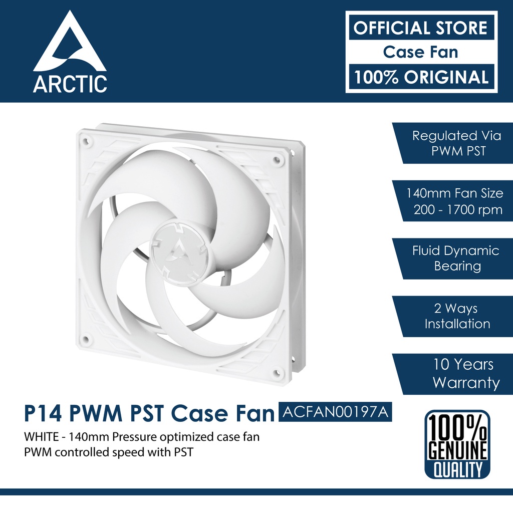 ARCTIC ACFAN00197A P14 PWM PST 140mm PWM PST Case Fan, Pressure-optimised,  200–1700 RPM - White 