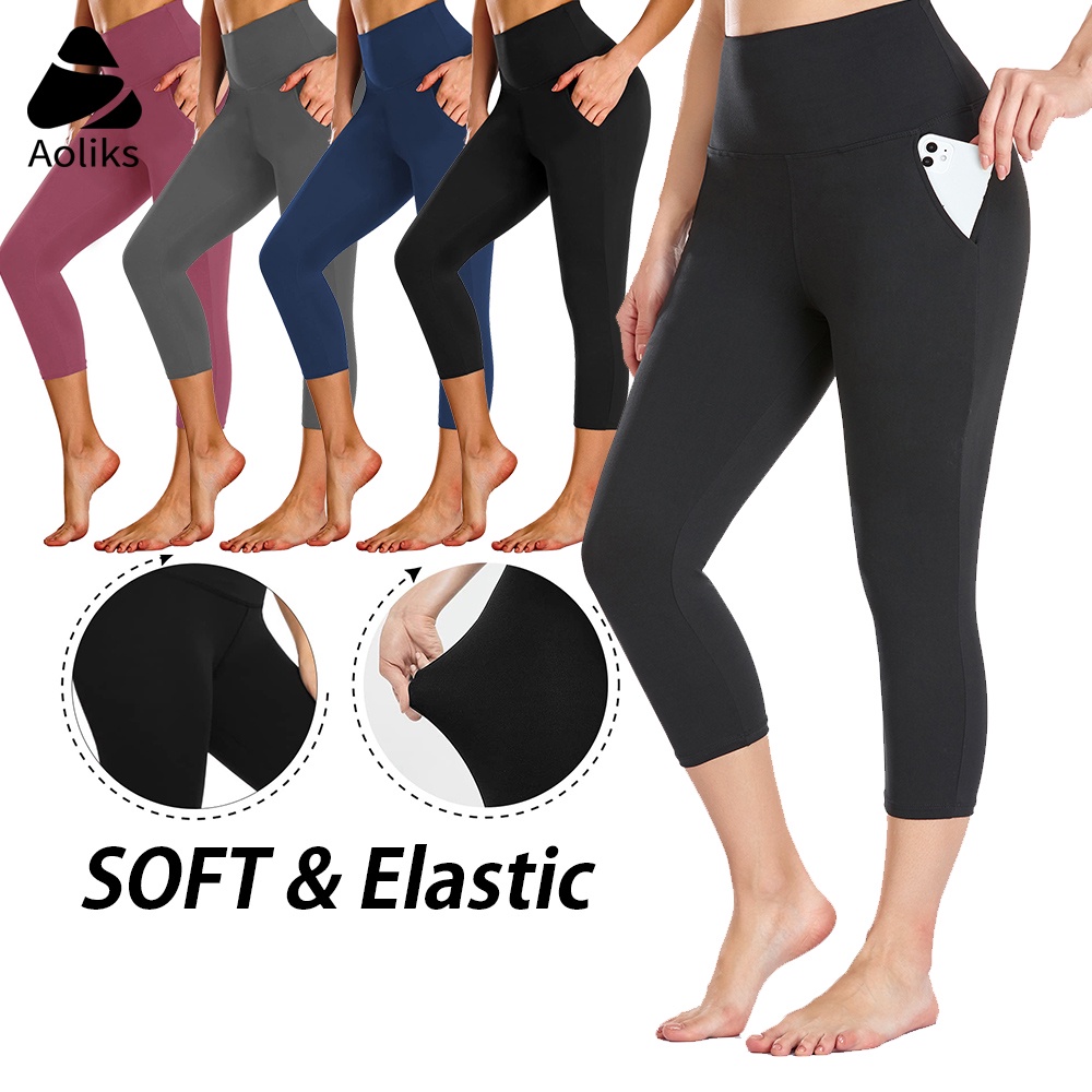 Women Short Sport Leggings with Pocket Butt Lift High Waisted Tummy Control Black  Workout Yoga Pants Plus Size Seluar Yoga Sport Leggings