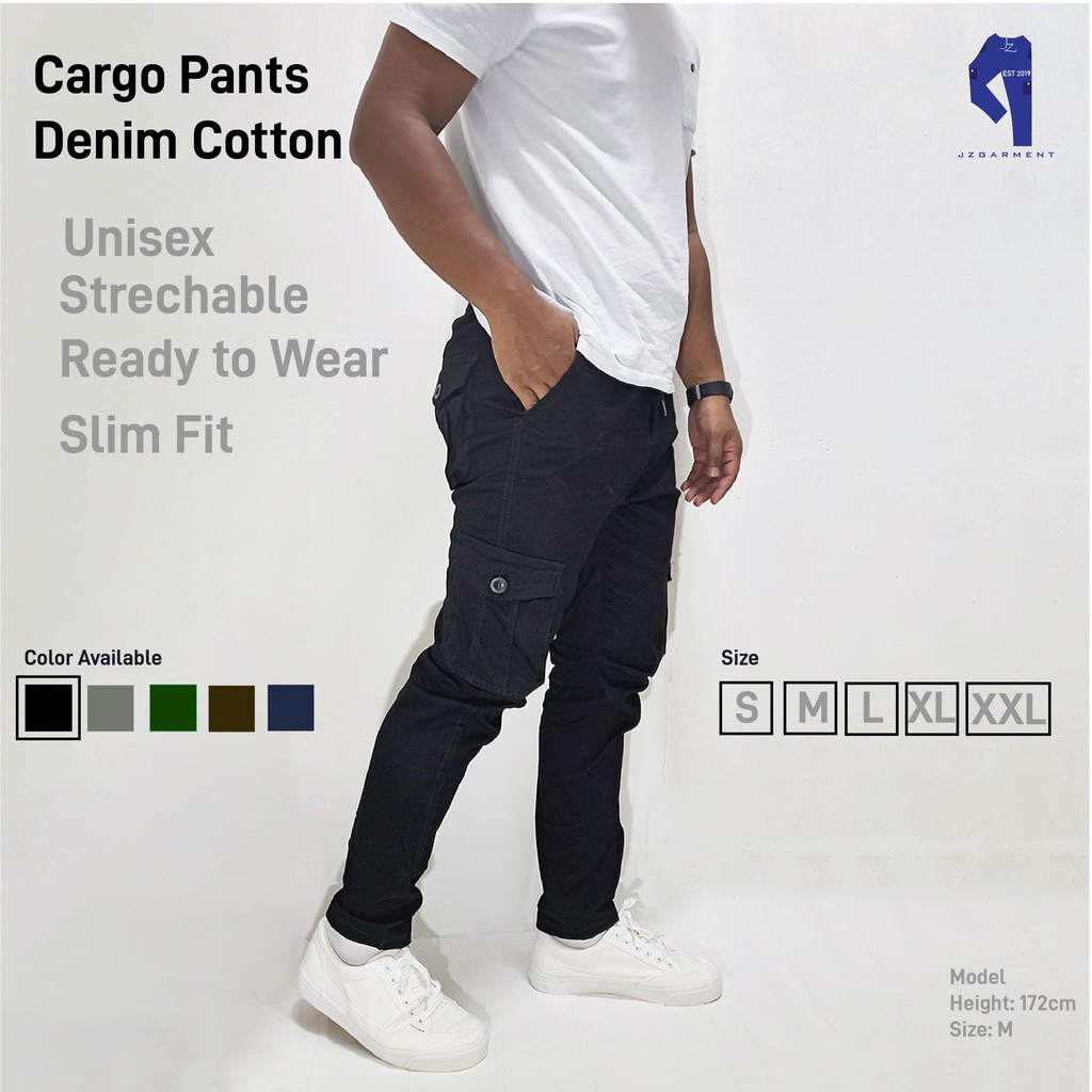Slim Fit Cargo Pants Men Denim Cotton-Stretchable Cargo Slack Pants 6  Pocket Outdoors Hiking Tactical Unisex Fitting