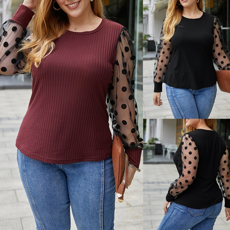 SHEIN CURVE+ Plus Size Women'S Sheer Net Patchwork Round Neck Blouse