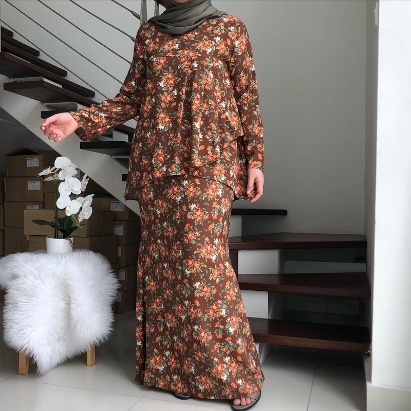 Flora Plus Size Baju Kurung floral loose pleated set XL