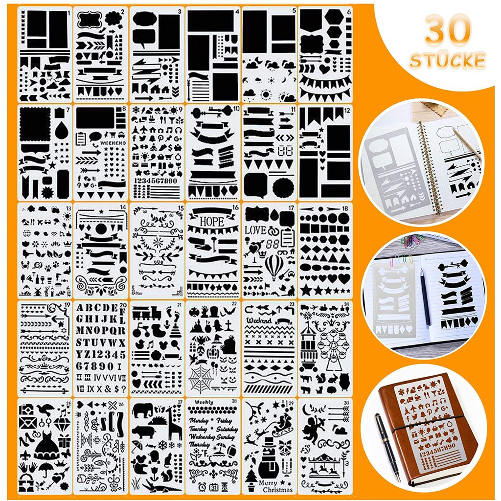 30 PCS Journal Stencils, Planner Stencils for Bullet Dot Journal Notebook  Diary Scrapbook Drawing Template Stencils for Journaling 4x7 Inch