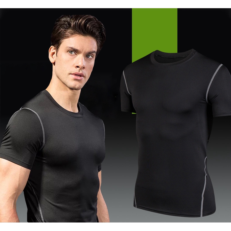 Men Crew Neck Short Sleeve T-Shirt Cool Dry Compression Shirt Sports Gym  Workout