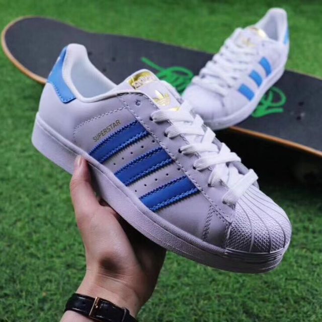 Adidas shell toe sales blue and white