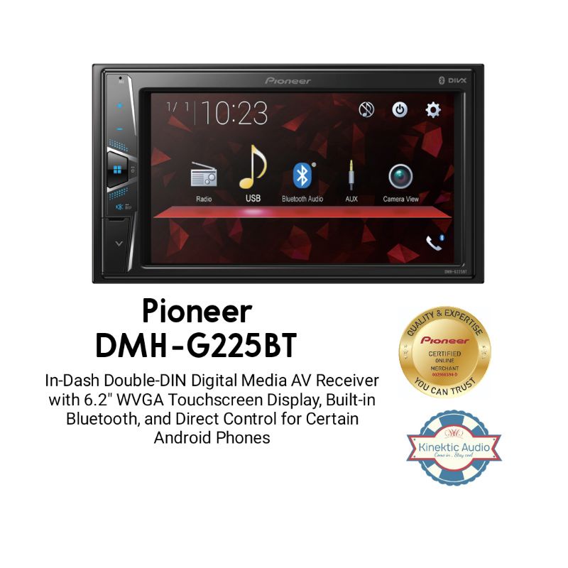 Pioneer DMH-G225BT - In-Dash Double-DIN Digital Media AV Receiver with 6.2  WVGA Touchscreen Display, Builtin Bluetooth