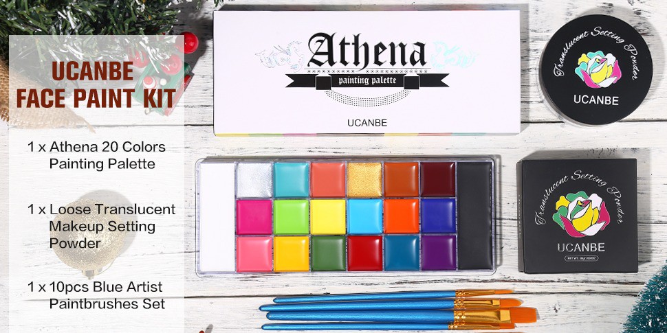 UCANBE Athena Face Body Paint Oil Palette + Translucent Setting Powder +  10PCS Brushes Set, Professional Non Toxic Face Painting Pallet Kit for