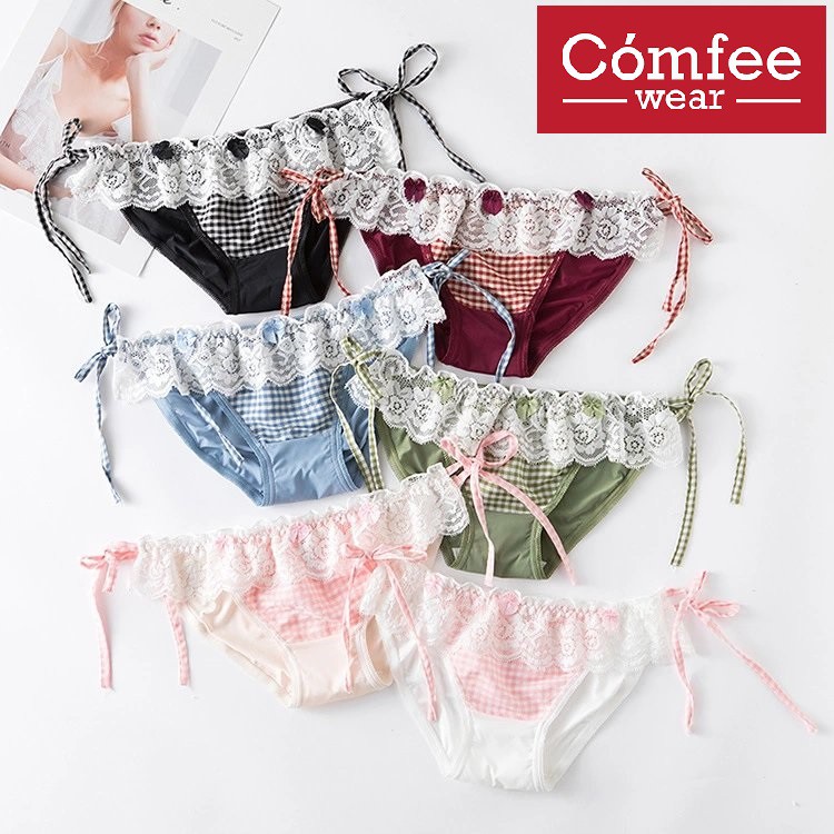 Women Girls Side Tie Cute Lace Panties Lolita Japanese Underwear Kawaii  Panties日系少女蕾丝格子荷叶边绑带舒适内裤