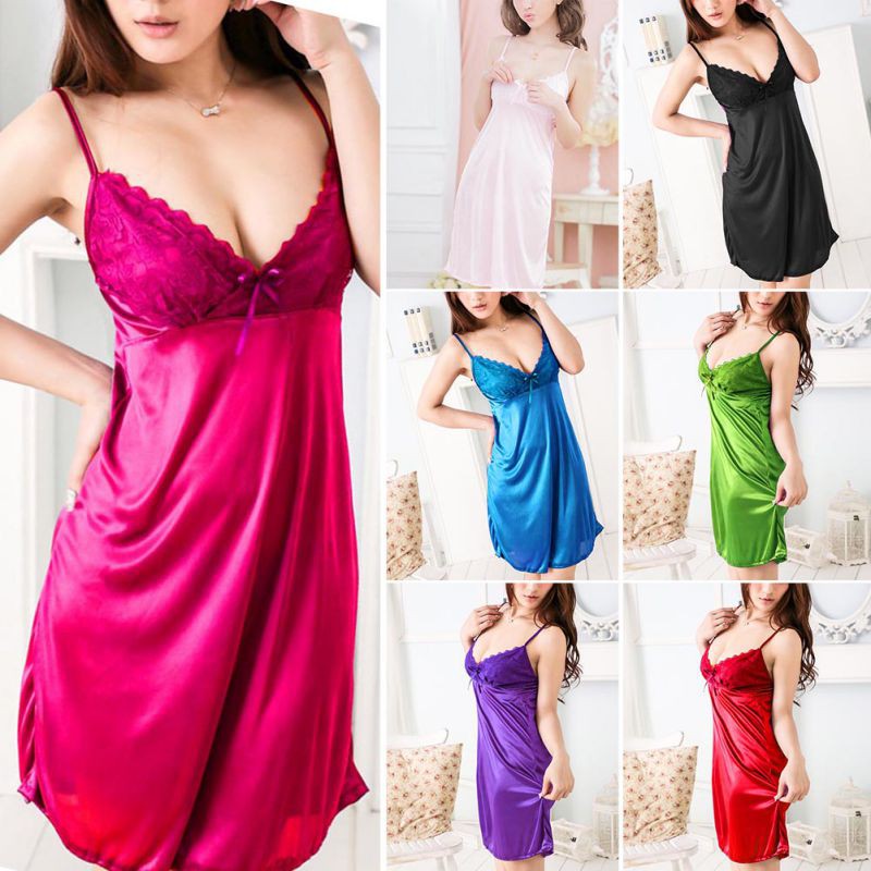 Women Nightgowns Sexy Lace Satin Sleepwear Nightdress Summer