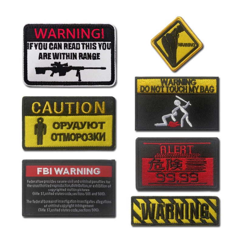 Warning Tactical Patch Connotation Personalized Logo Embroidered Velcro  With Hook And Loop