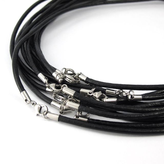 3mm Round Black Leather Cord Necklace - Mens Womens - Stainless Steel Lobster Clasp, 16