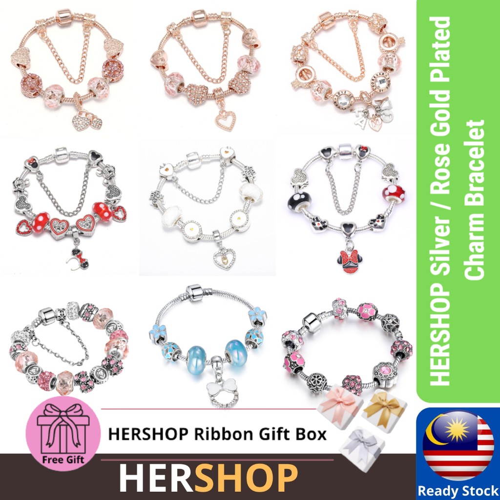 [ HERSHOP ] Ready Stock Silver Gold Charm Bracelet with Big Heart Pendant  White Crystal Beads (19cm)