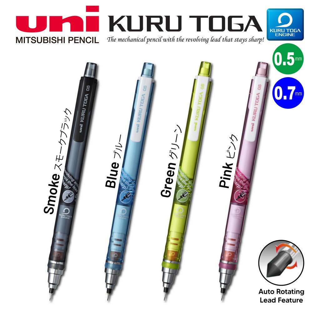 UNI Kuru Toga Mechanical Pencil 0.5mm Free Pencil Lead Set  (Smoke/Blue/Pink/Green)
