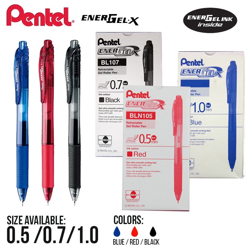 Pentel EnerGel X BL107 - Retractable Liquid Gel Ink Pen - 0.7mm - 84%  Recycled - Blue - Pack of 6