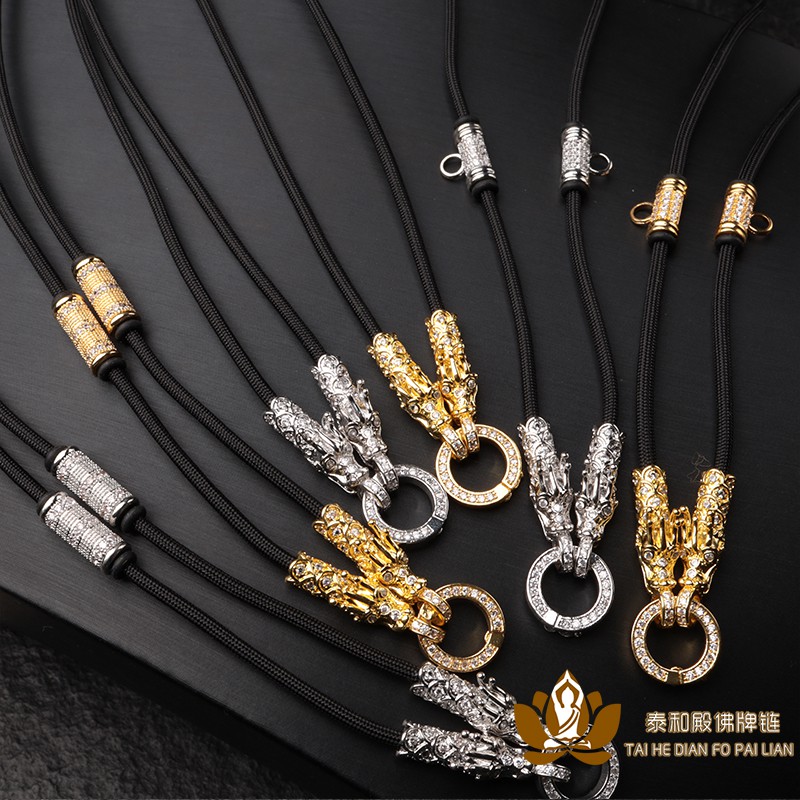 Thai Amulet Chain Amulet Rope Pendant Rope Dragon Head Micro Diamond Ring Gold Color Silver Three Hanging Wax Rope Necklace