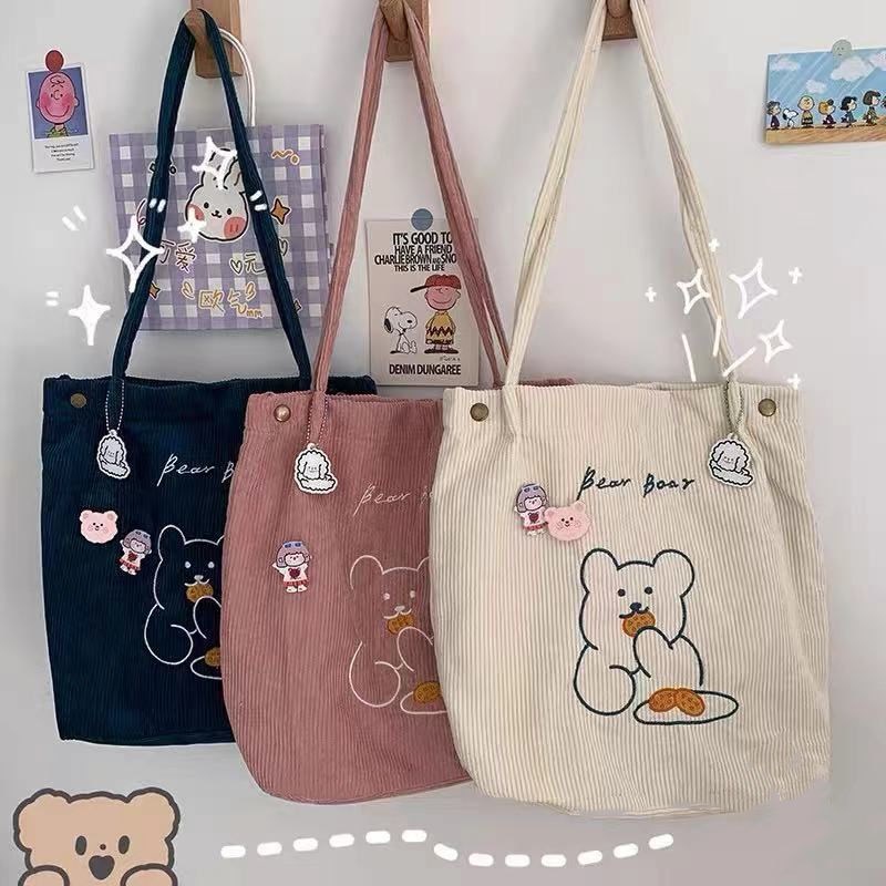 Cute Bear One-shoulder Canvas Bag Korean College Style Female Student Wild  Corduroy Shopping Tote Bag Female