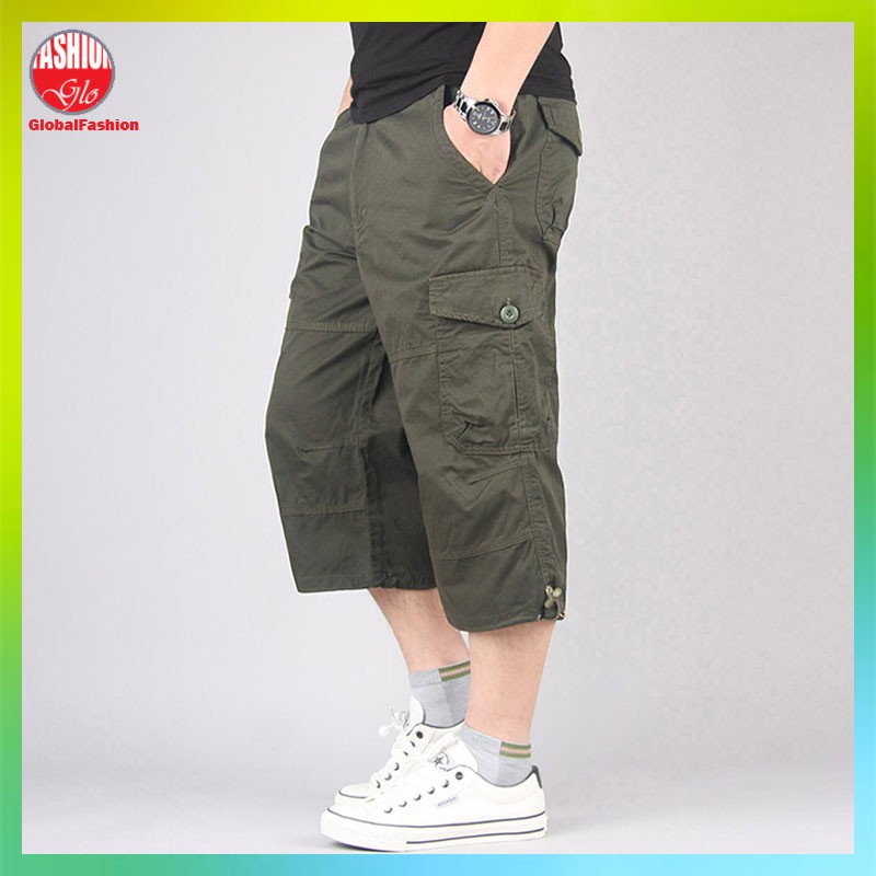 Mens 3/4 Long Leng Elasticated Shorts Waist Cargo Combat Ree