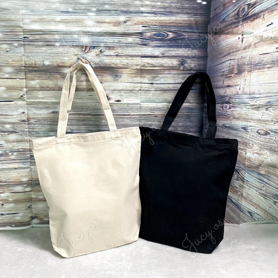 Plain black tote bag with online zip