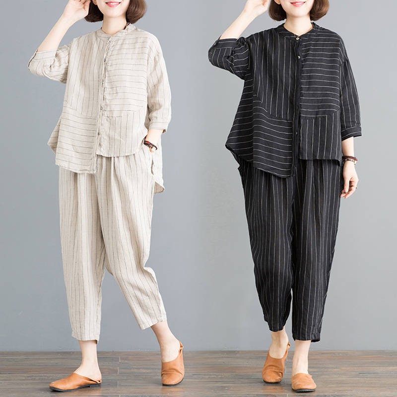 2 piece/set women oversized women's cotton and linen pants summer striped  shirt short -sleeved western style loose