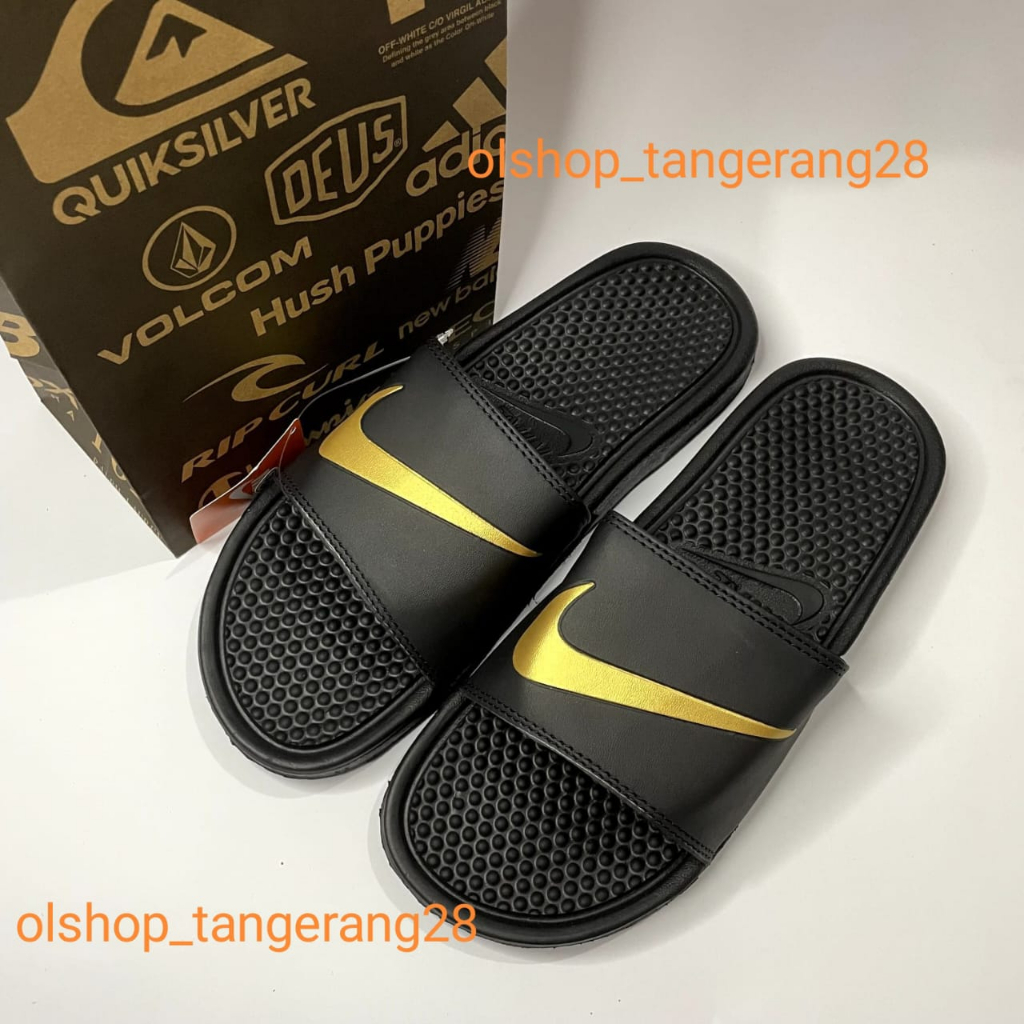 Black and cheap gold nike slippers