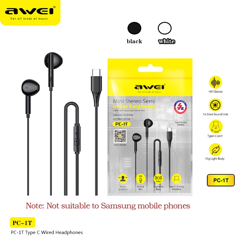 Awei PC 1T Type c Plug Wired Earphone With Mic Stereo Half In Ear Headsphone for Android