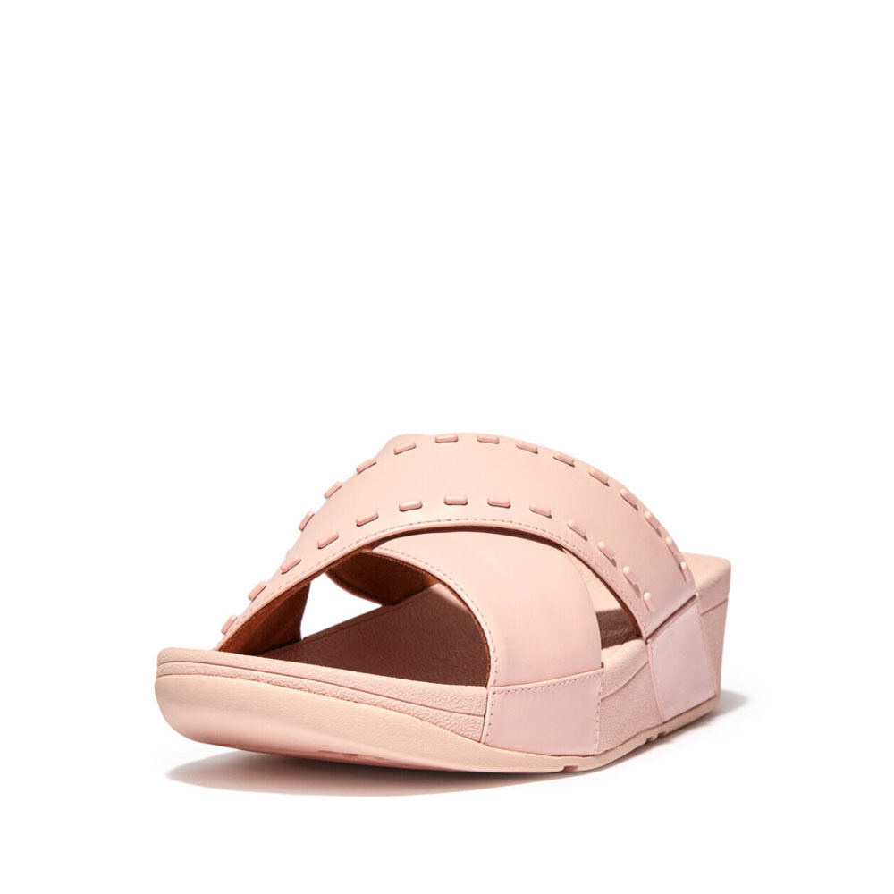 FitFlop LULU Women s Rubber Stud Leather Cross Slides Pink Salt