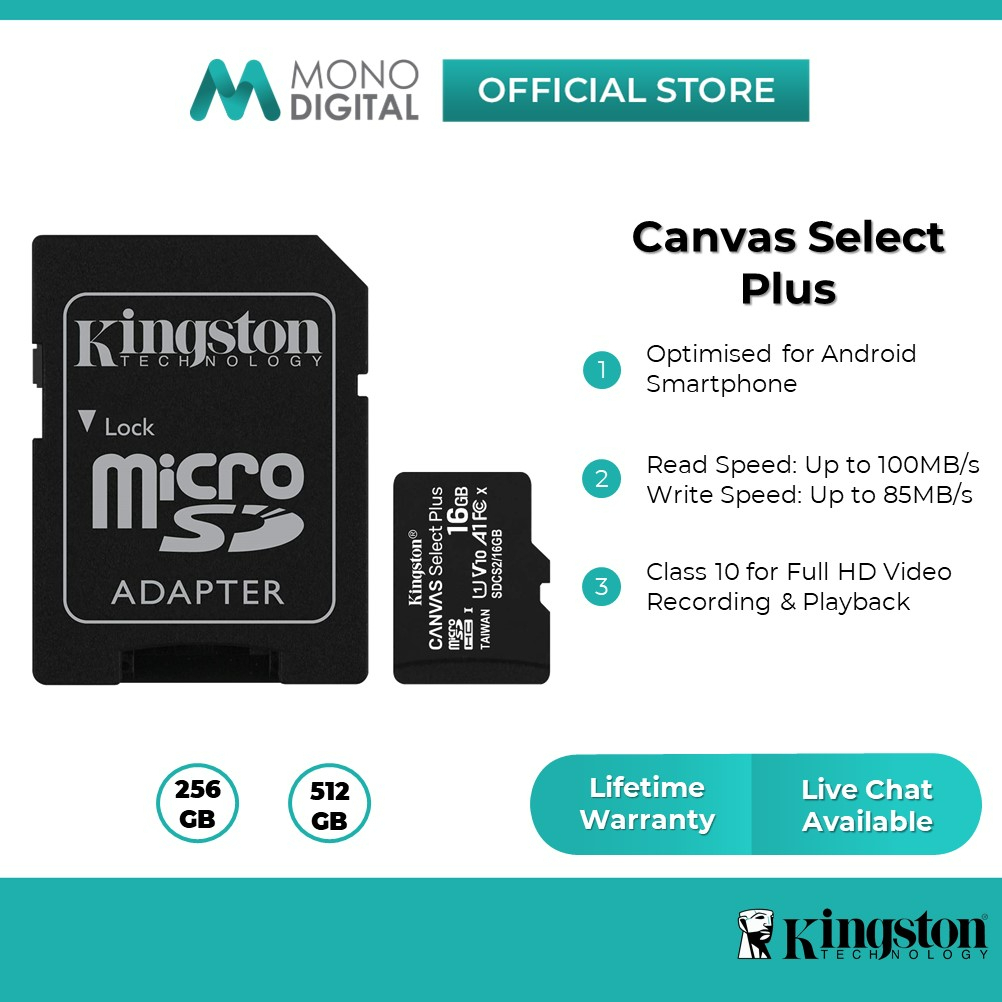 Canvas Select Plus microSD Card, A1, Class 10 UHS-I, 64GB to 512GB -  Kingston Technology