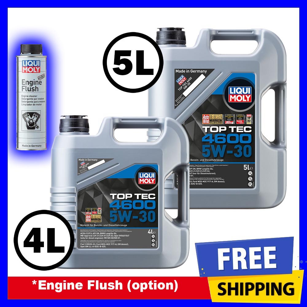 LIQUI MOLY Fully Synthetic Engine Oil TOP TEC 4600 5W30 (4L/5L) 5W-30 +  Option Oil Filter & Engine Flush