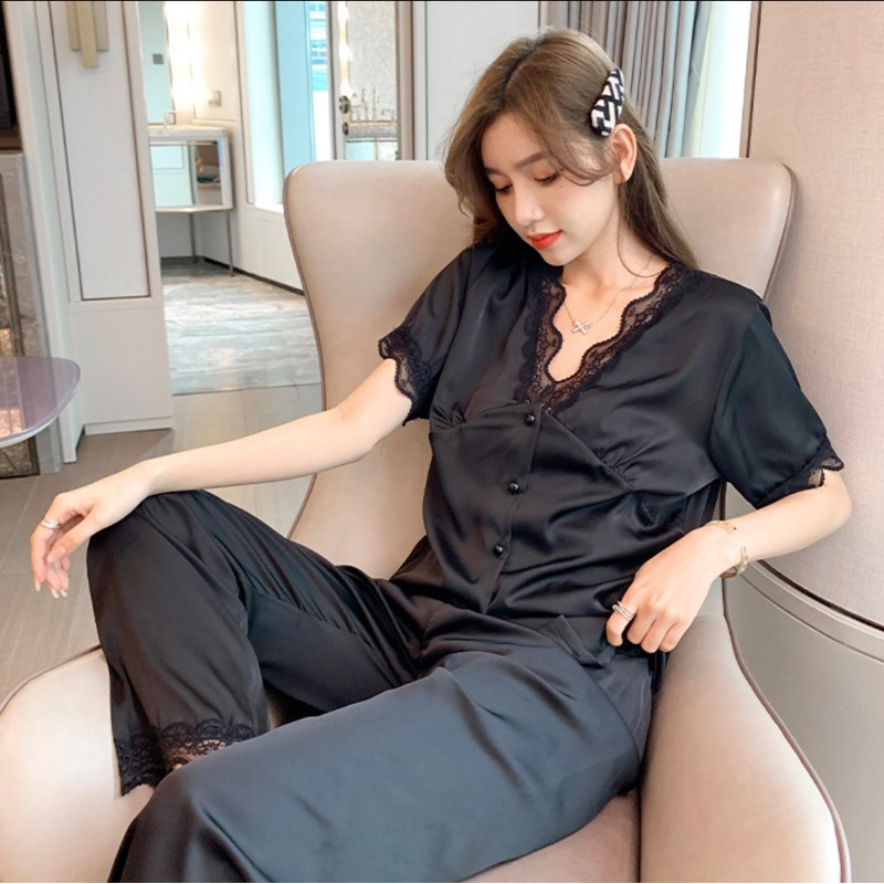 Ready Stock Pajamas Set Women Sleepwear Lace Shirt & Pants Long Sleeve  Pyjamas Suit Silk Satin Pyjamas Baju Tidur Wanita