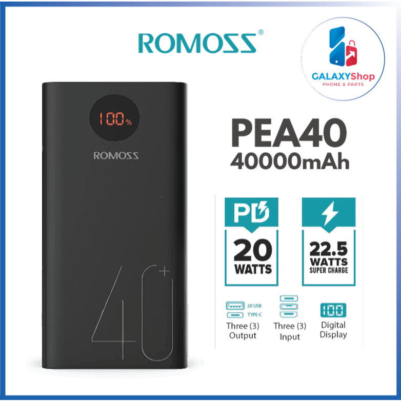 ROMOSS PEA40 Zeus 40000mAh, Portable External Battery 18W Fast Charge  Powerbank Charger USB Type-C- Warranty RomossC