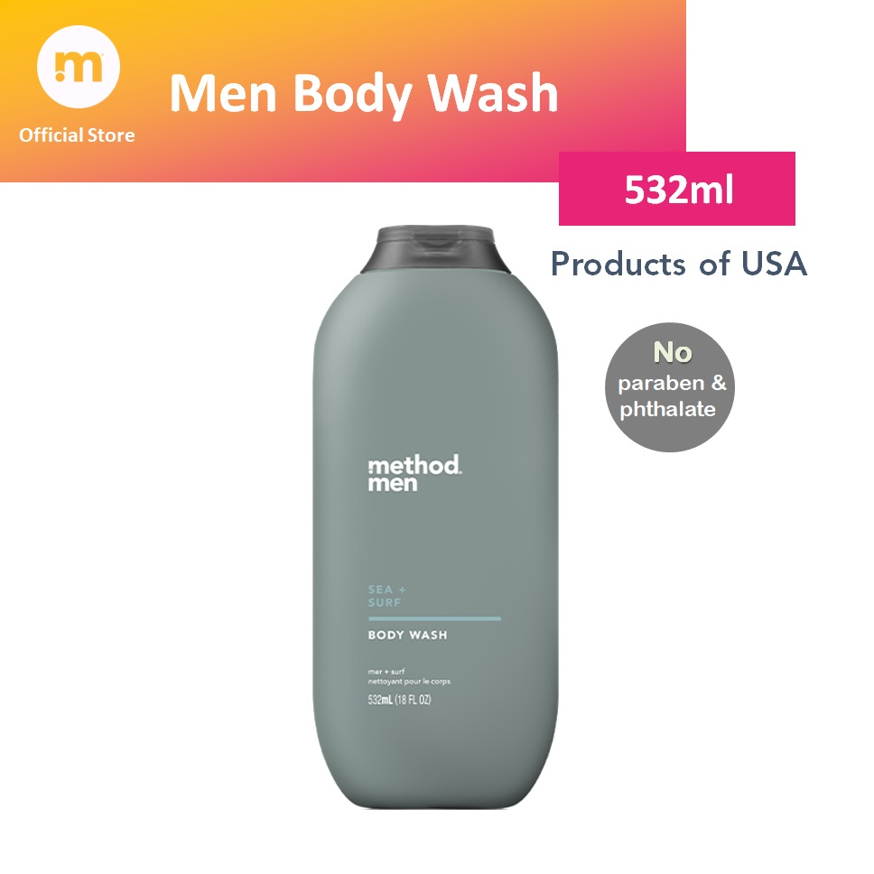 Method Men Body Wash, Sea + Surf, Paraben and Phthalate Free, 18 FL Oz  (Pack of 3),Softening