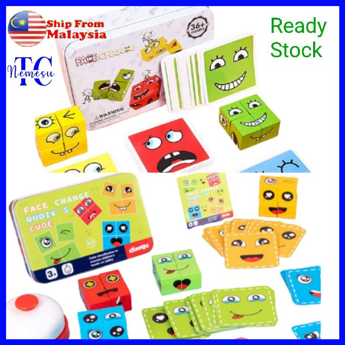 Face Change Rubiks Cube Game, Wooden Expressions Matching Blocks. In Tin