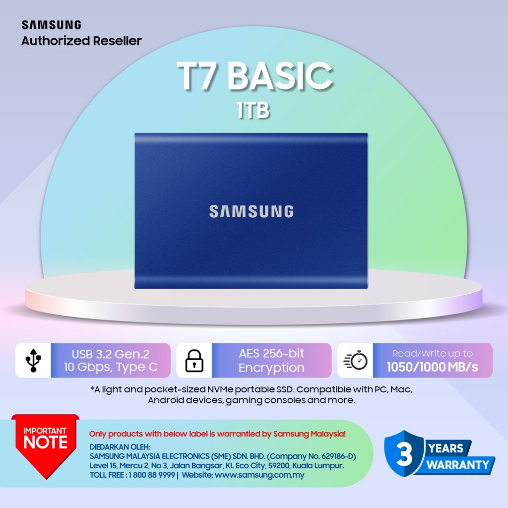 SAMSUNG SSD PORTABLE T7 - BLUE/RED/GREY (500GB/1TB/2TB)