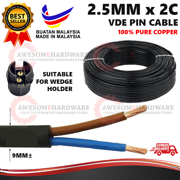 100% PURE COPPER) MALAYSIA THICK 2 CORE 2.5MM VDE TWIN FLAT PIN CABLE WIRE  PIN CABLE FOR WEDGE BULB HOLDER