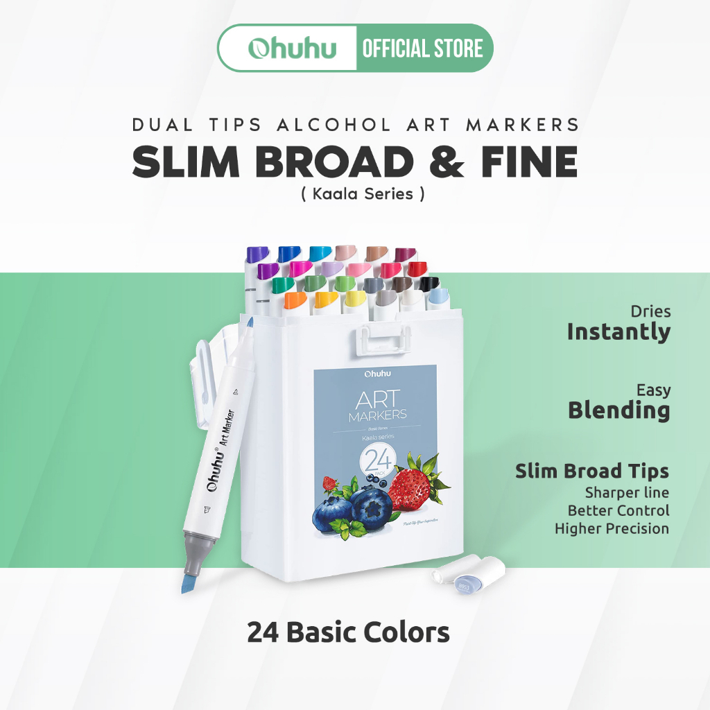 Ohuhu 24 Basic Colors Dual Tips Alcohol Art Markers, Brush & Fine