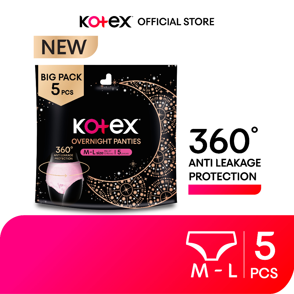 Kotex Overnight Panties M-L / L-XL (5s) - Period Panties with 360⁰  Anti-Leakage Protection Disposable