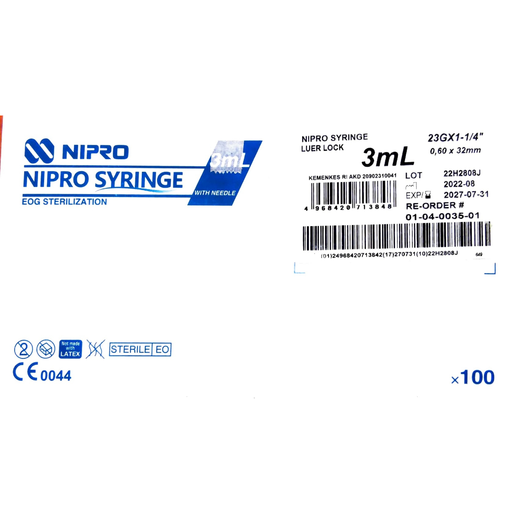 NIPRO SYRINGE 3ML L/Lock With Needle 23G X 1 1/4 INCH - 100 PCS
