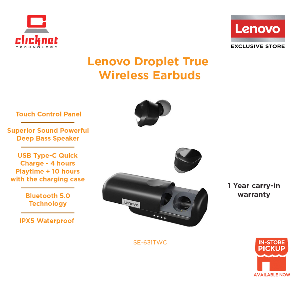 Lenovo Droplet True Waterproof Wireless Earbuds Black SE 631TWC