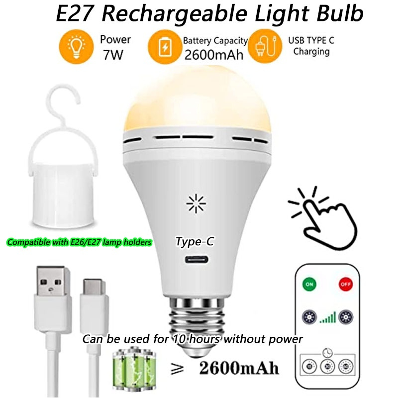 2600mAh USB C Light Bulbs Remote Control E27 Dimmable Portable Emergency lamp  Home Power Outages for Home Outdoor Camping