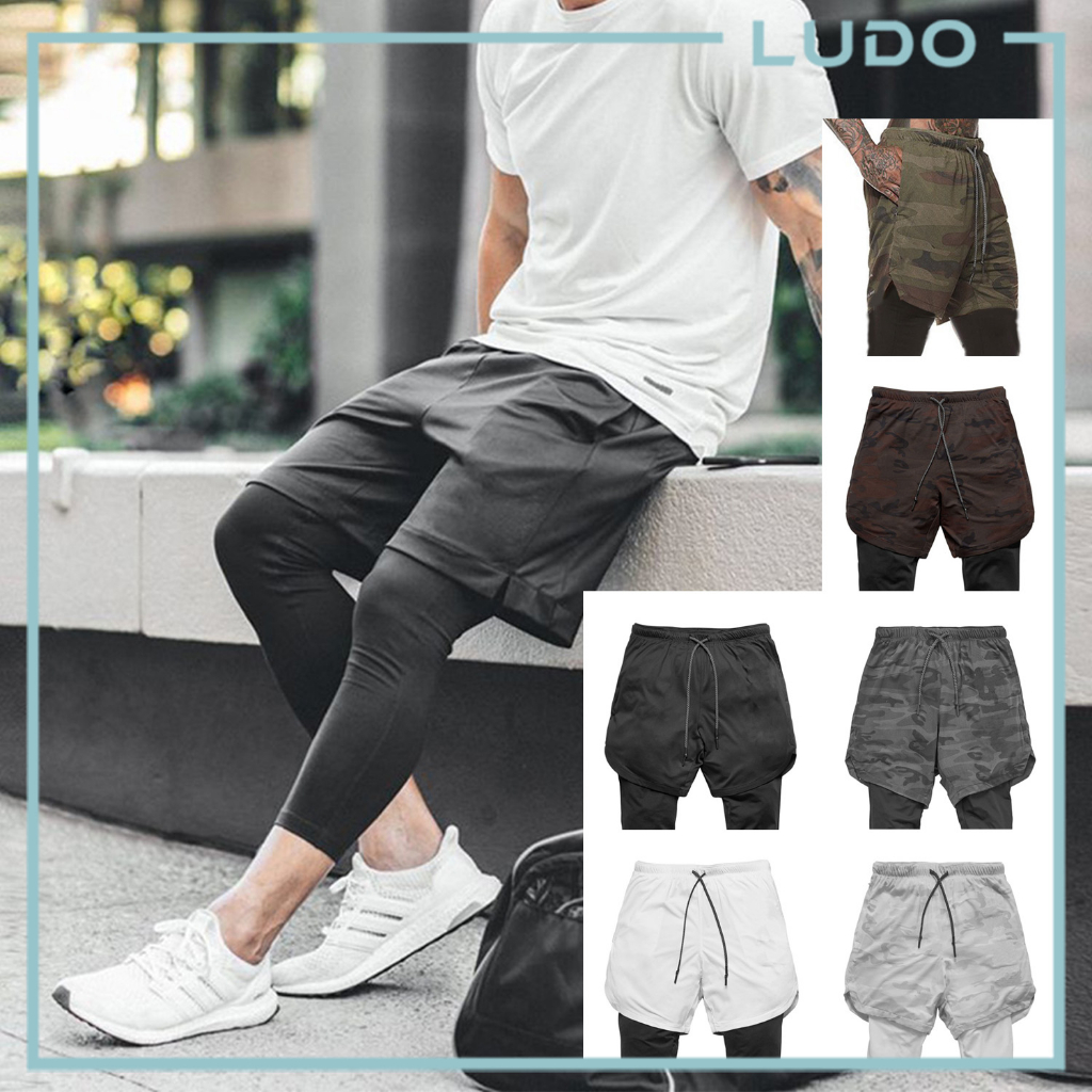 𝗟𝗨𝗗𝗢 ] Sports Men Running Shorts Leggings 2 IN 1 Quick Dry