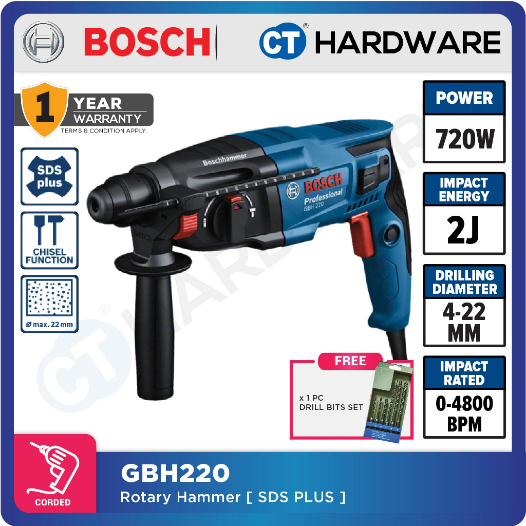 BOSCH GBH 220 PROFESSIONAL CORDED ROTARY HAMMER SDS PLUS 3 MODES