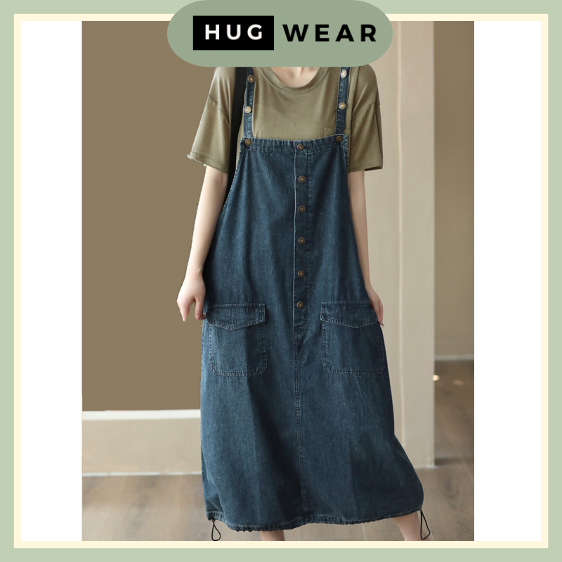 HUGWEAR A-line Denim Dress Jumpsuit Suspender Loose Denim Jean