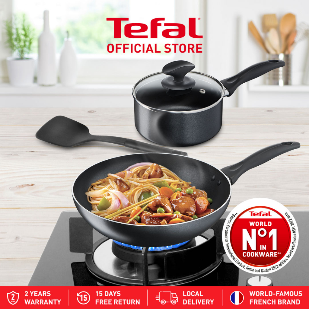 Tefal Cook & Clean 4pcs Cookware Set (Small Cooking Pot + Wok Pan + Small  Spatula)