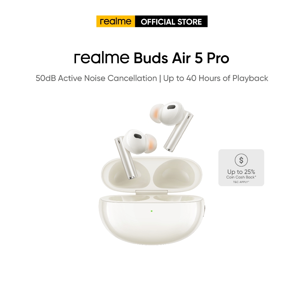  realme Buds Air 5 Pro Wireless Headphones, realBoost Dual  Drivers, Up to 40 Hours of Playback, 50dB Active Noise Cancellation, 360°  Spatial Audio Effect - (White) : Electronics