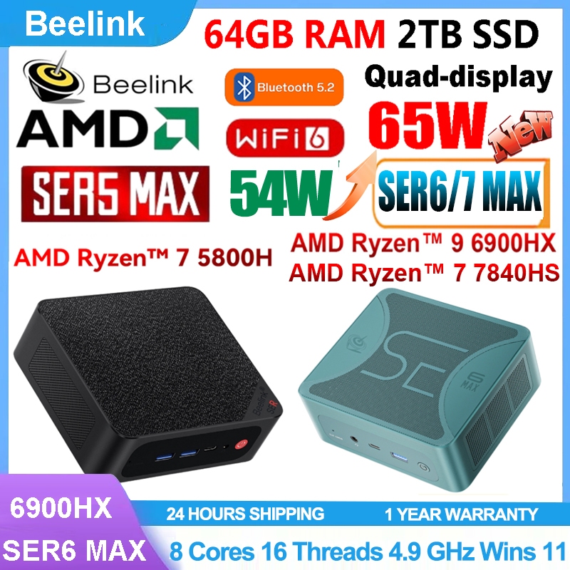 Beelink SER7 Mini PC - AMD Ryzen 7 7840HS (up to 5.1GHz, 8C/16T), 32GB DDR5  RAM, 1TB NVMe PCIe 4.0 SSD, 4K 144Hz Quad Screen Display, WiFi 6