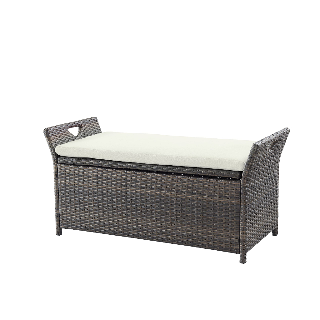 Outdoor wicker storage outlet bench with cushion